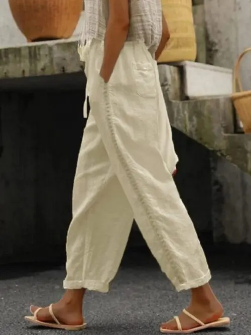 Cotton Linen Solid Color Casual Pants with Sweet Cropped Pants Stitching