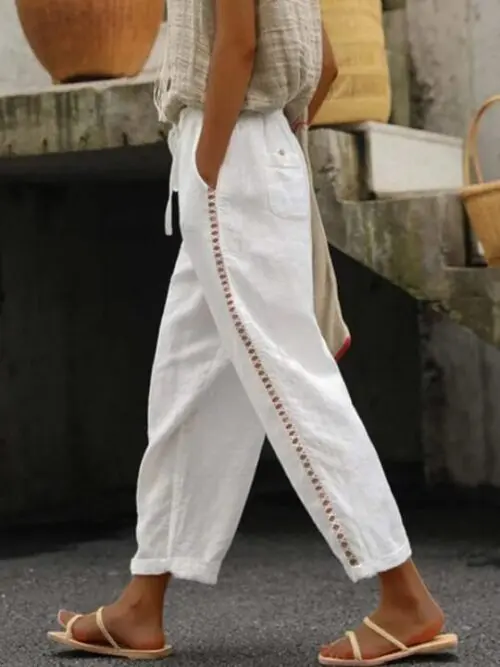 Cotton Linen Solid Color Casual Pants with Sweet Cropped Pants Stitching