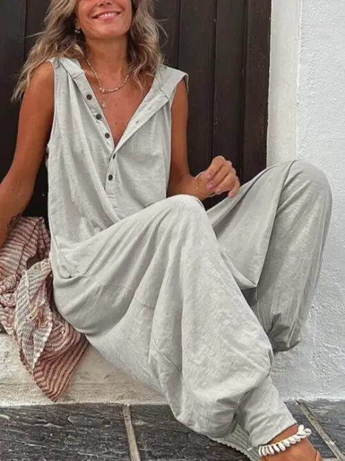 Solid Color Hooded Button Sleeveless Trousers Jumpsuit