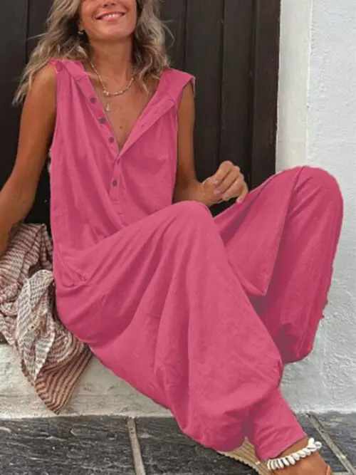 Solid Color Hooded Button Sleeveless Trousers Jumpsuit