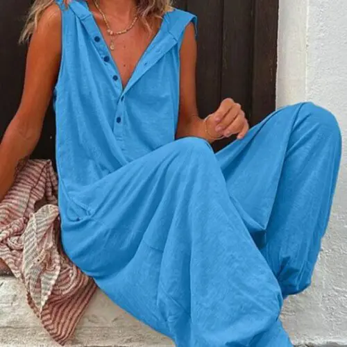 Solid Color Hooded Button Sleeveless Trousers Jumpsuit