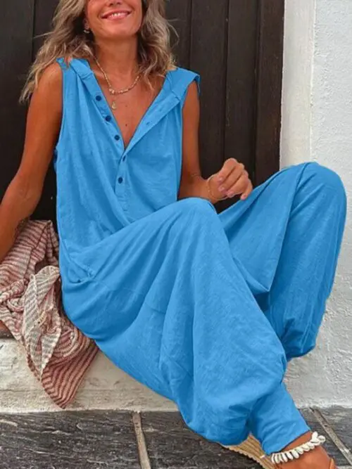 Solid Color Hooded Button Sleeveless Trousers Jumpsuit