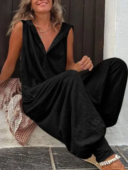 Solid Color Hooded Button Sleeveless Trousers Jumpsuit