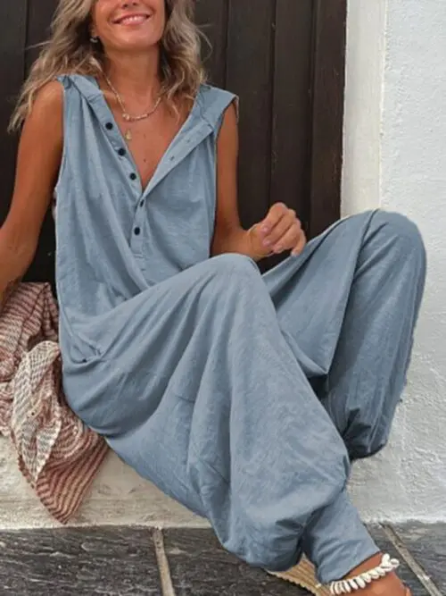 Solid Color Hooded Button Sleeveless Trousers Jumpsuit