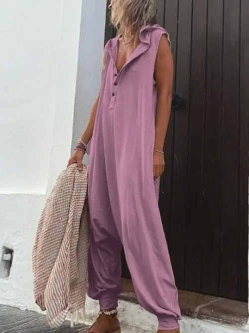 Solid Color Hooded Button Sleeveless Trousers Jumpsuit