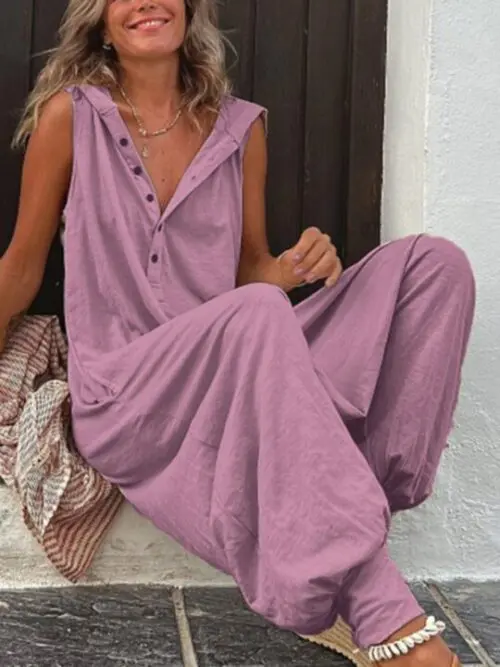 Solid Color Hooded Button Sleeveless Trousers Jumpsuit