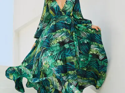 Lantern Sleeve V Neck Tie Leaf Print Swing Dress