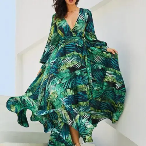 Lantern Sleeve V Neck Tie Leaf Print Swing Dress
