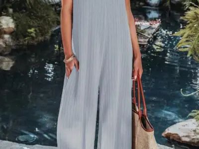 Solid Color Ribbed Backless Casual Jumpsuit