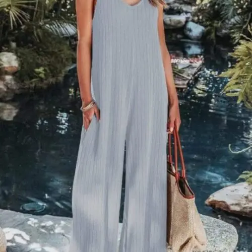 Solid Color Ribbed Backless Casual Jumpsuit
