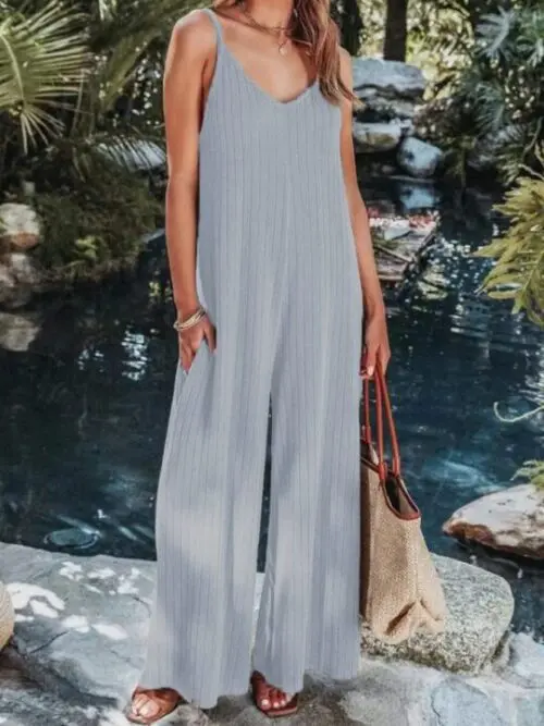 Solid Color Ribbed Backless Casual Jumpsuit