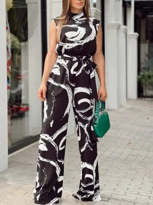 Elegant Sleeveless Abstract Print Jumpsuit