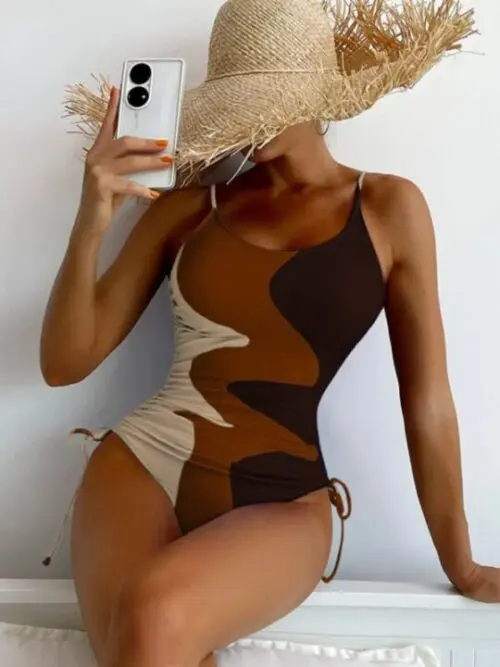 Colorblock Drawstring One-Piece Swimsuit for Women