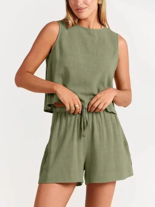 Sleeveless Solid Color Woven Top and Loose Cotton Linen Shorts Two-Piece Set