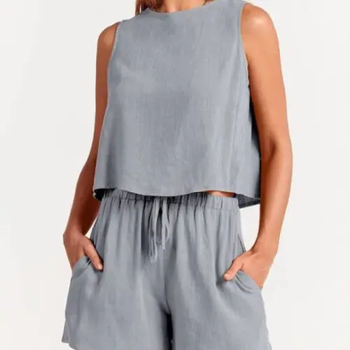 Sleeveless Solid Color Woven Top and Loose Cotton Linen Shorts Two-Piece Set