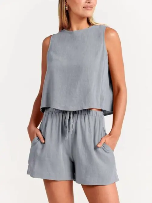 Sleeveless Solid Color Woven Top and Loose Cotton Linen Shorts Two-Piece Set