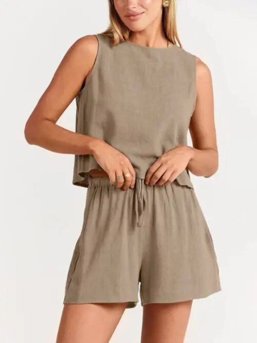 Sleeveless Solid Color Woven Top and Loose Cotton Linen Shorts Two-Piece Set