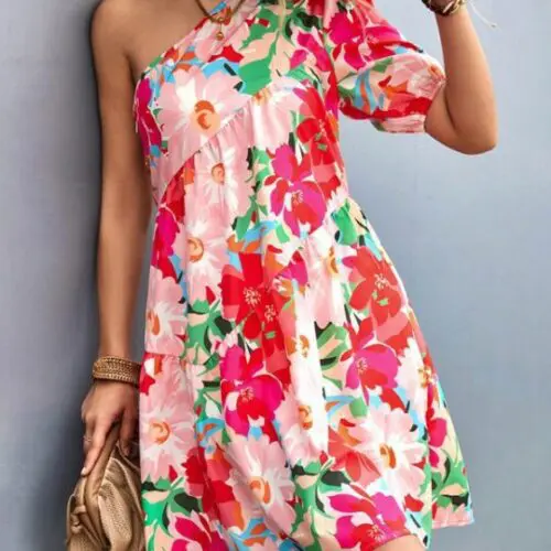 Asymmetrical Printed One-Shoulder Diagonal Dress