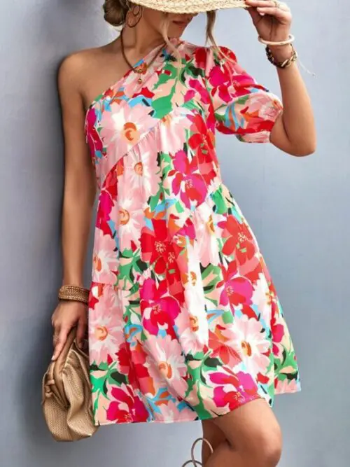 Asymmetrical Printed One-Shoulder Diagonal Dress