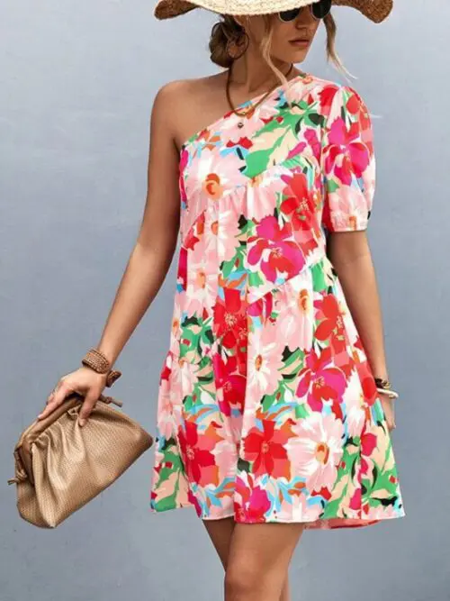 Asymmetrical Printed One-Shoulder Diagonal Dress