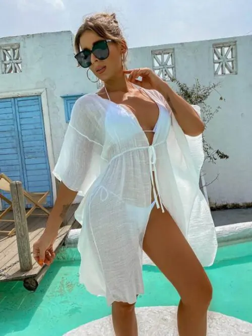 Solid Color Tie-Front Shirt Cover-Up for Women