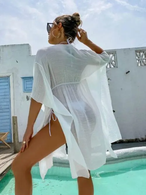 Solid Color Tie-Front Shirt Cover-Up for Women