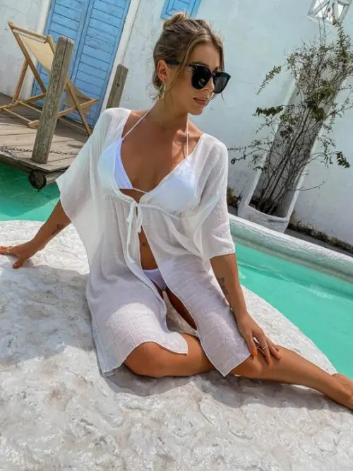 Solid Color Tie-Front Shirt Cover-Up for Women