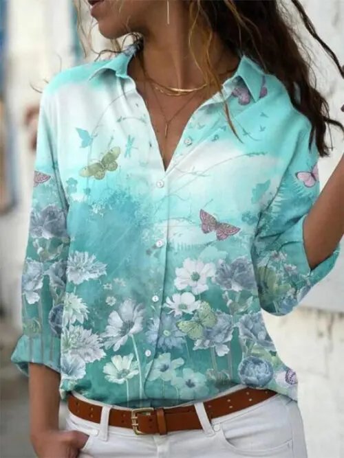 New Arrival Printed Long Sleeve Lapel Blouse