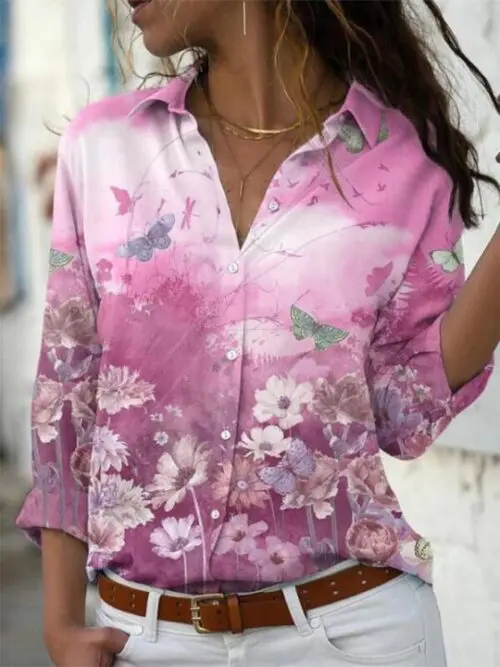 New Arrival Printed Long Sleeve Lapel Blouse