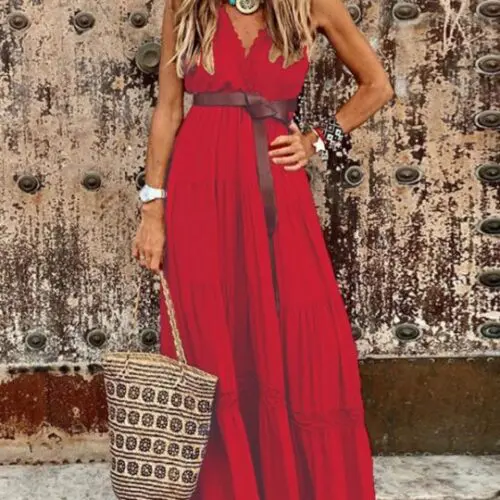 Chic French-Style High-Waist V-Neck Maxi Dress with Elegant Stitching