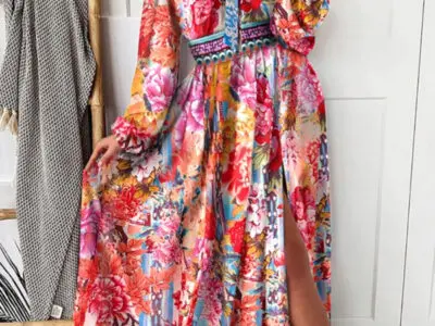 One-Shoulder Printed Pullover Retro Long-Sleeved Dress with Slits