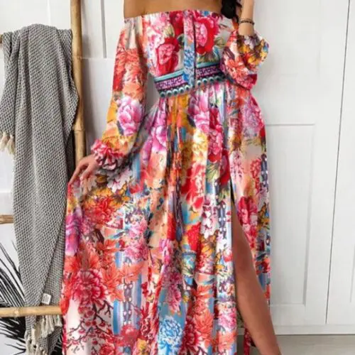 One-Shoulder Printed Pullover Retro Long-Sleeved Dress with Slits