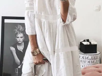 Lace Stitching Hollow Embroidered 3/4 Sleeve Dress