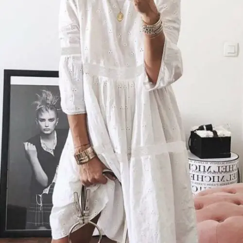 Lace Stitching Hollow Embroidered 3/4 Sleeve Dress