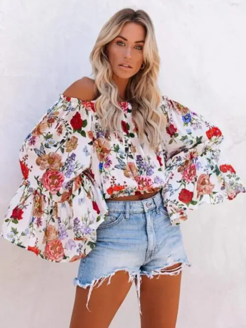 New Print One-Shoulder Bell Sleeve High Waist Blouse