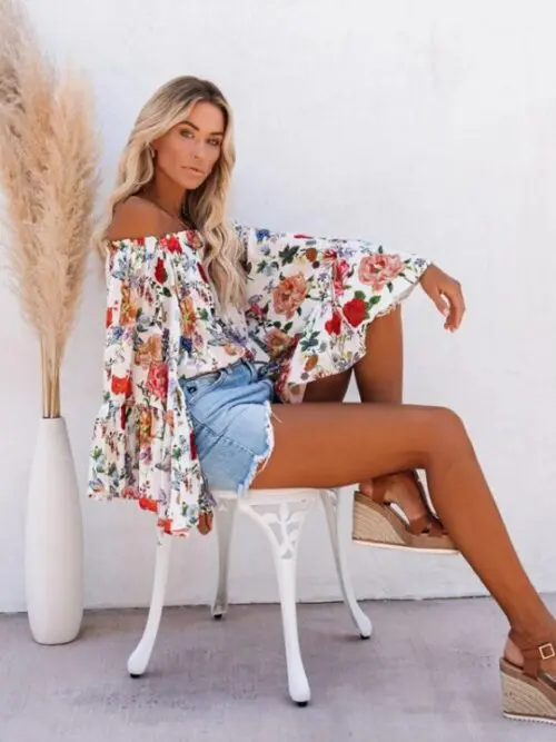 New Print One-Shoulder Bell Sleeve High Waist Blouse