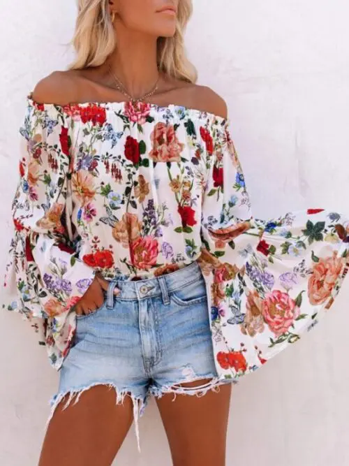 New Print One-Shoulder Bell Sleeve High Waist Blouse