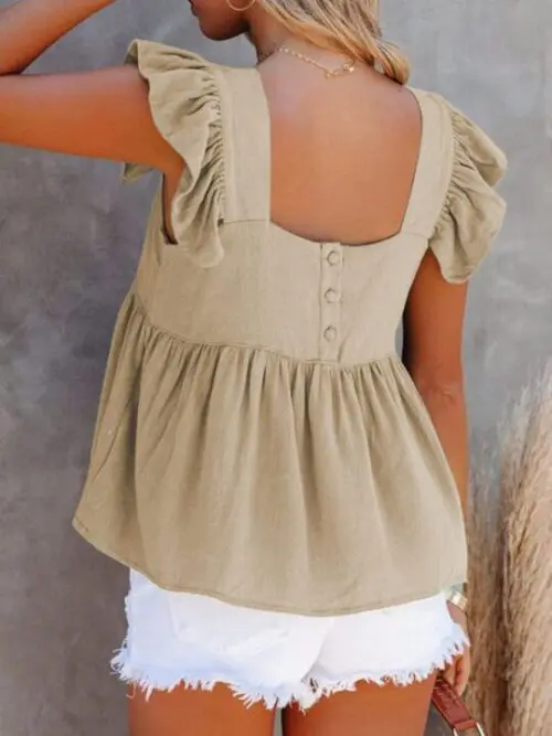 Solid Color Casual Square Neck Flutter Sleeve Top