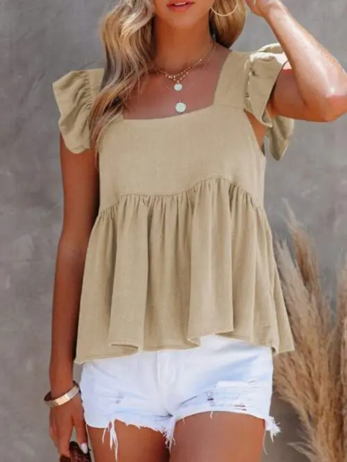 Solid Color Casual Square Neck Flutter Sleeve Top