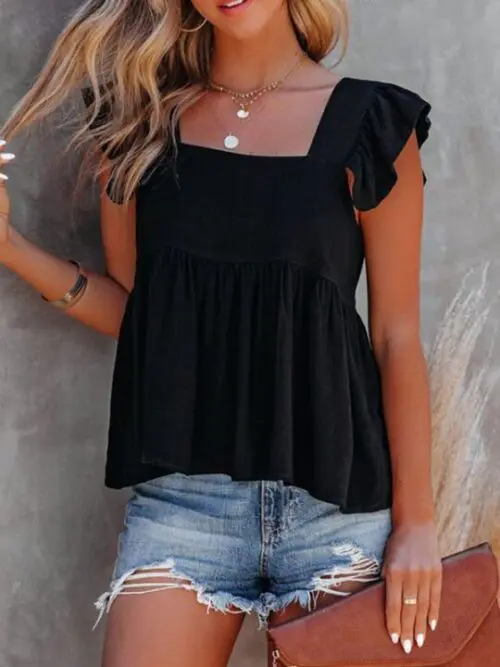 Solid Color Casual Square Neck Flutter Sleeve Top