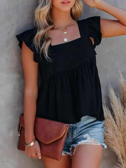 Solid Color Casual Square Neck Flutter Sleeve Top