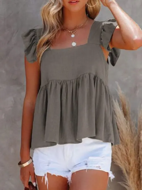 Solid Color Casual Square Neck Flutter Sleeve Top