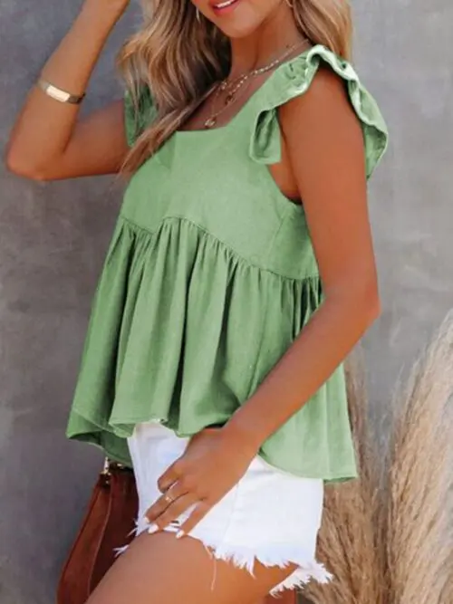 Solid Color Casual Square Neck Flutter Sleeve Top