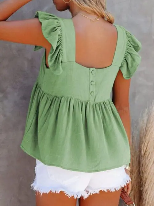 Solid Color Casual Square Neck Flutter Sleeve Top