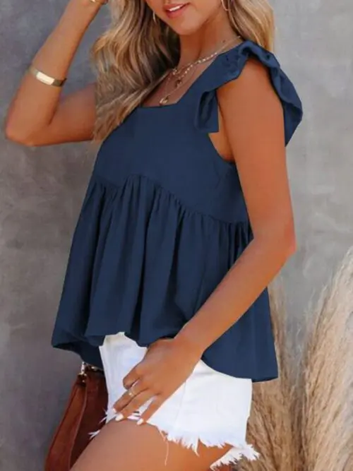 Solid Color Casual Square Neck Flutter Sleeve Top