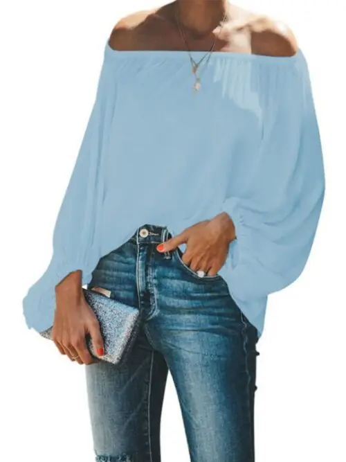 Off-Shoulder Solid Color Loose Long Sleeve Top with Lantern Sleeves