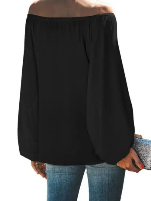 Off-Shoulder Solid Color Loose Long Sleeve Top with Lantern Sleeves