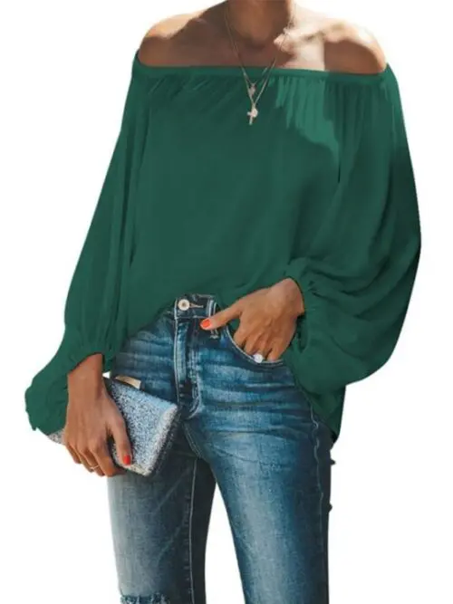 Off-Shoulder Solid Color Loose Long Sleeve Top with Lantern Sleeves