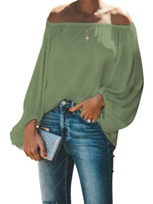 Off-Shoulder Solid Color Loose Long Sleeve Top with Lantern Sleeves