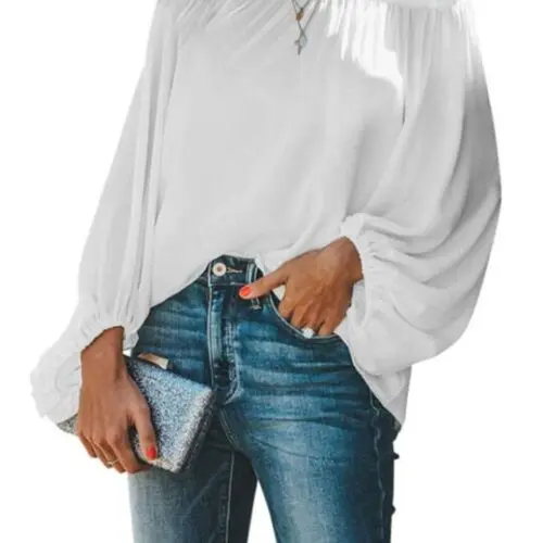 Off-Shoulder Solid Color Loose Long Sleeve Top with Lantern Sleeves